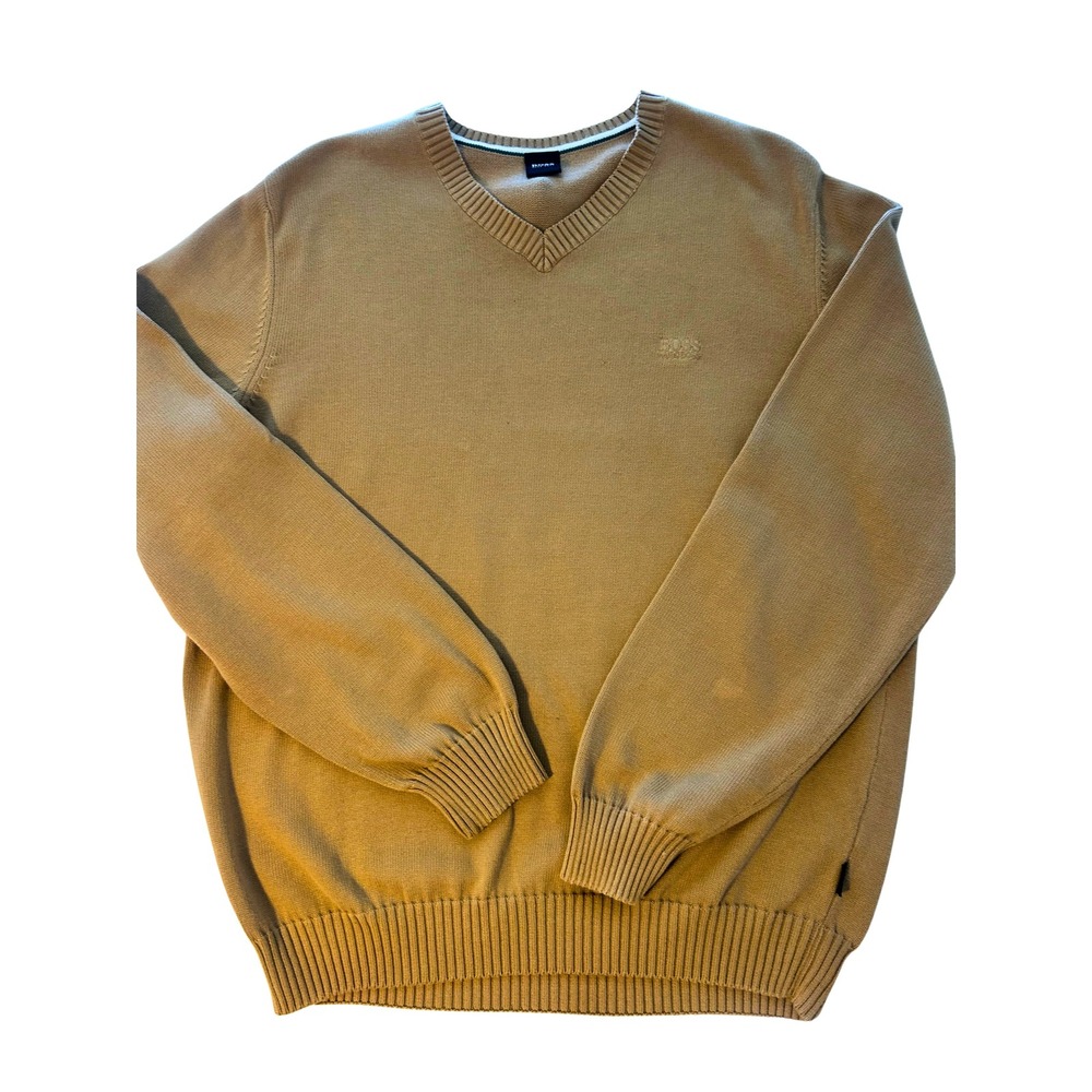 Hugo Boss Conrad Mens Tan Beige V-Neck 100% Cotton Knit Sweater Large L Logo